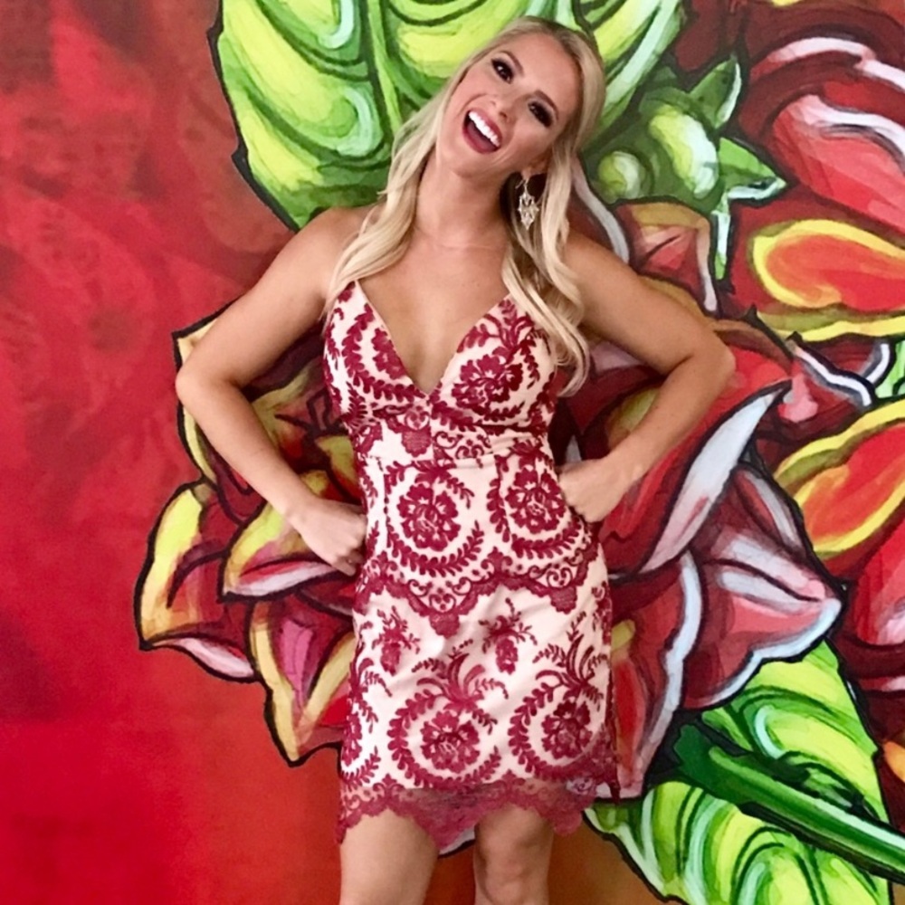Red and tan lace dress by NBD Size Small